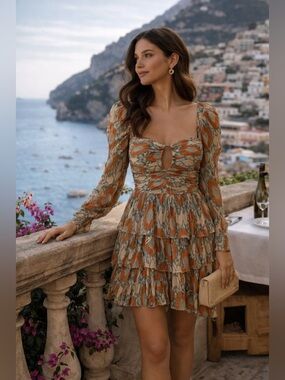 Ulla Johnson Boho Tiered Mini Dress Orange Cream Ruffle Long Sleeve Sz 0